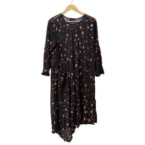 Lisa Bayne Printed Asymmetric Sheer Midi Dress XL Artsy Lagenlook Boho Chic